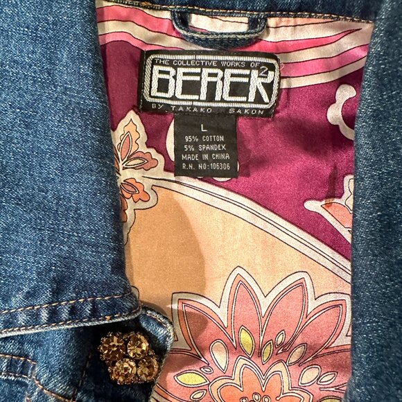 BEREK 2 by Takako Sakon Denim Jean Jacket—Crystal Buttons & Floral Lining Large - Picture 2 of 16